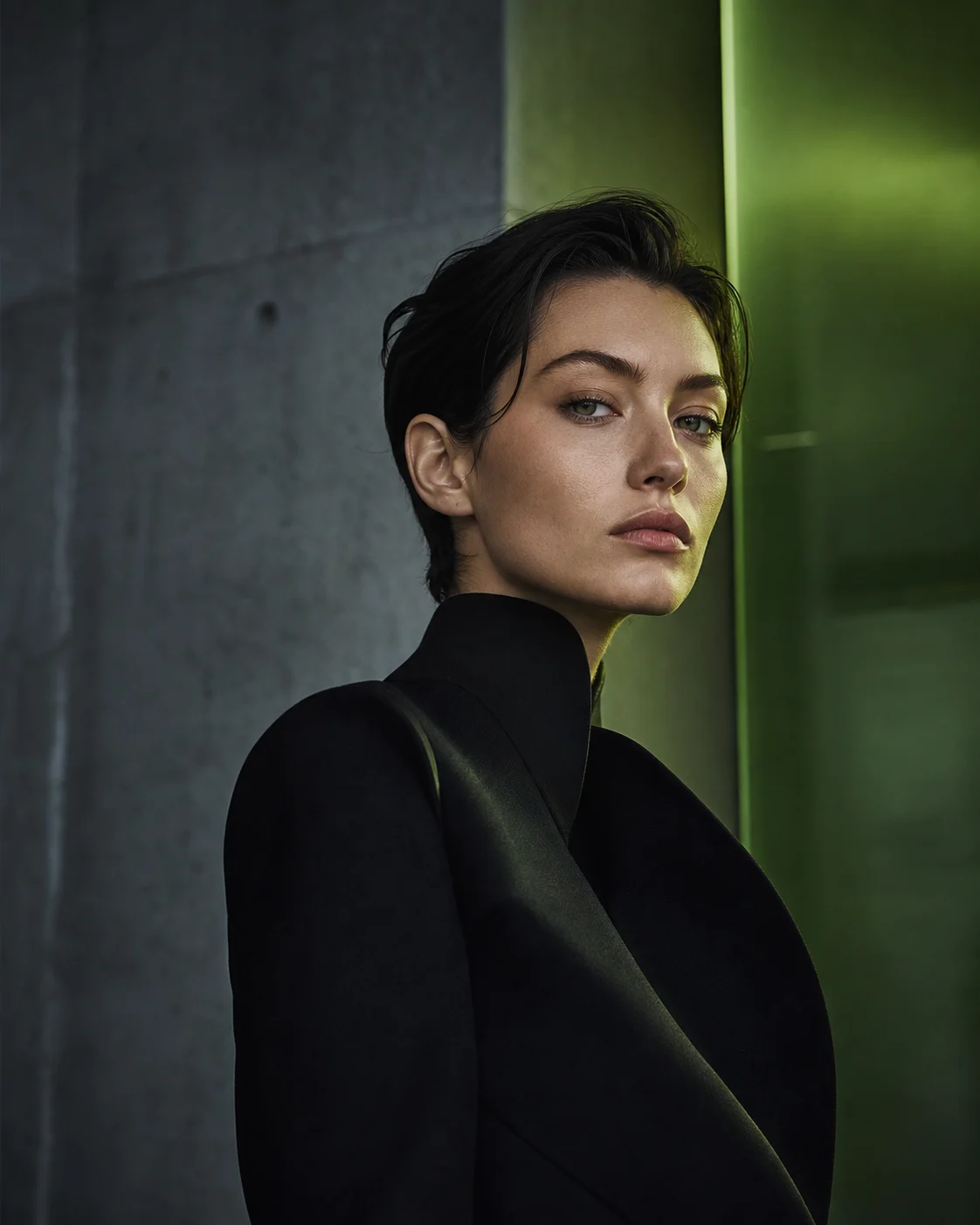 Редакционный fashion-портрет в графитовом интерьере с лаймовым светом